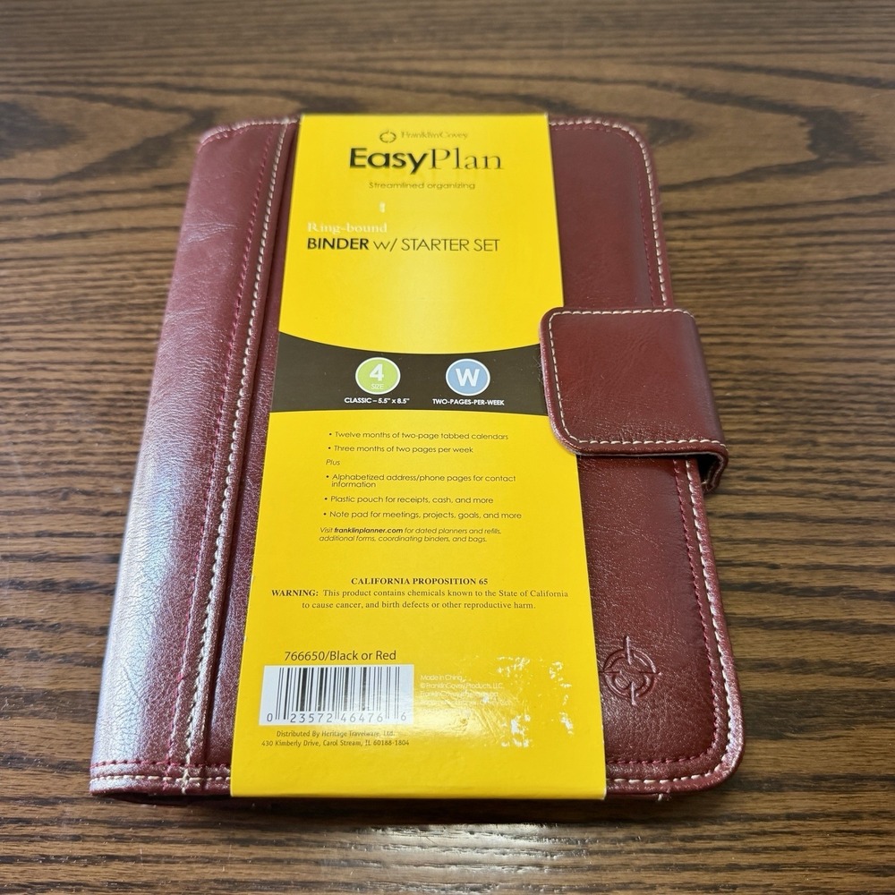 New Franklin Covey Easy Planner Binder, Starter Set Heritage Travelware Ed. Red